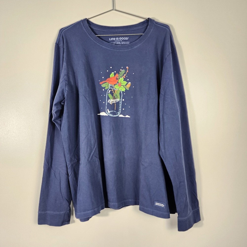 Life Is Good Crusher Tee Womens XXL Blue Cardinal Mason Jar Winter Holiday